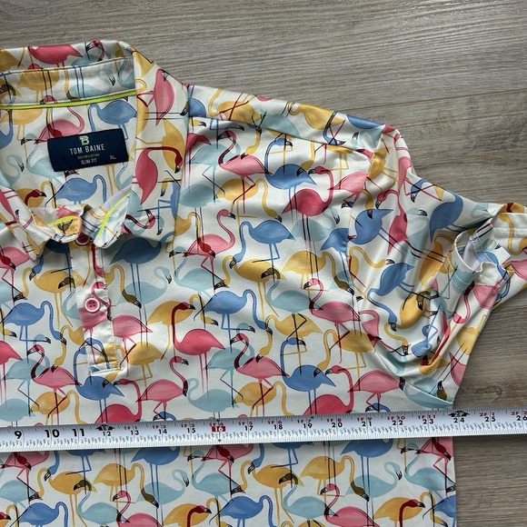 Tom Baine Men's XL Slim Fit Flamingo AOP Performance Collection Gold Polo - Picture 10 of 12